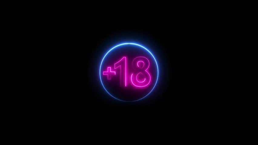 Glowing neon 18 plus  in a circle of neon blue outline animation. 18+ sign concept animation.