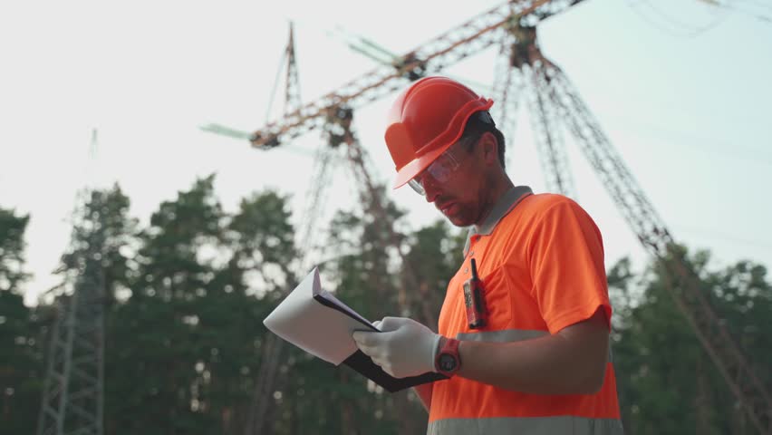 Engineer in PPE inspects high-voltage power lines in the field, ensuring safety compliance and infrastructure integrity. Technical check of transmission towers and electrical grid systems in progress. - Powered by Shutterstock - Get 15% off with code: PIKWIZARD15