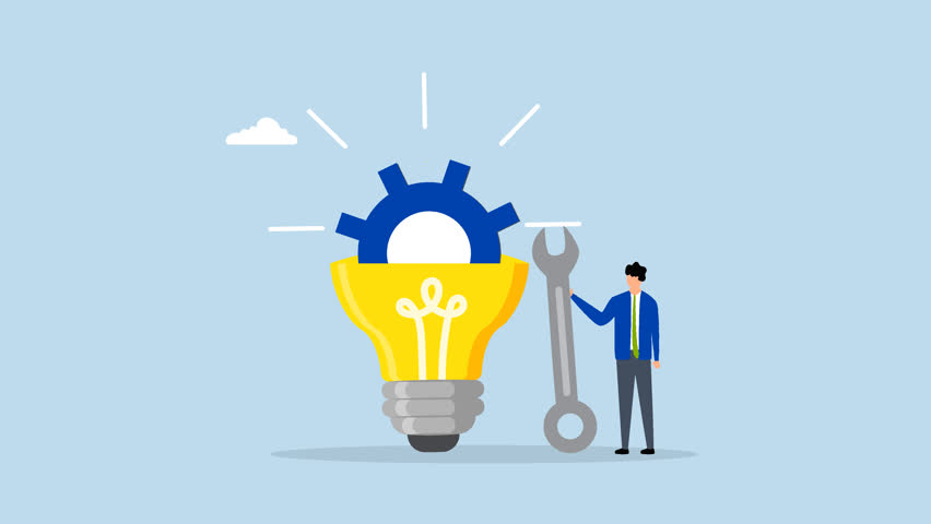 Innovation development, 4k animation of businessman build gear in lightbulb idea.
