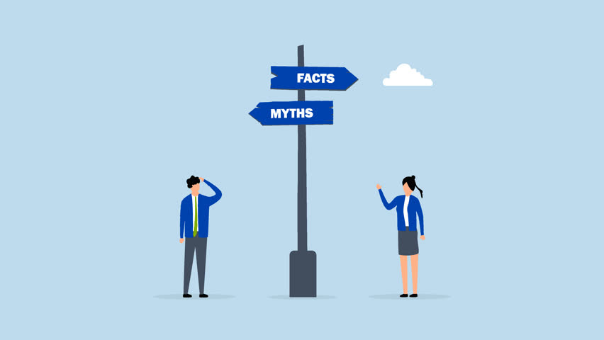 Fact vs Myth, 4k animation of business people at Facts vs Myths directional sign.
