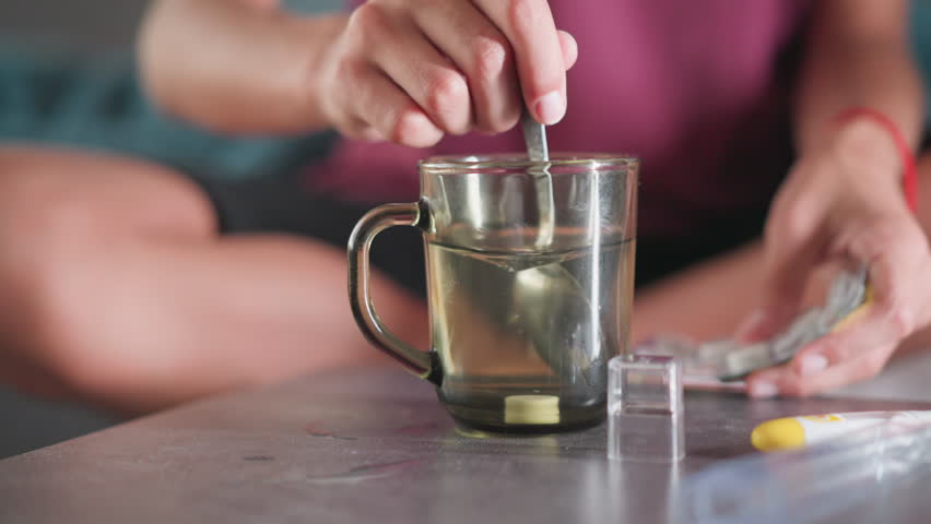 Close up of hand stirring drug in glass of warm water using metal spoon on table with medicine packs and thermometer nearby in calm indoor setting