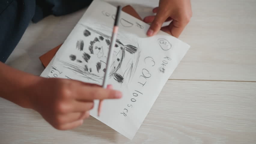 close up of little boy hand sketching cat on white paper using pencil while seated on wooden floor showing creative energy childlike imagination and joy of drawing with handwritten text