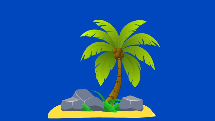 Animation of coconut trees with rocks, grass, sand and bushes on blue screen
