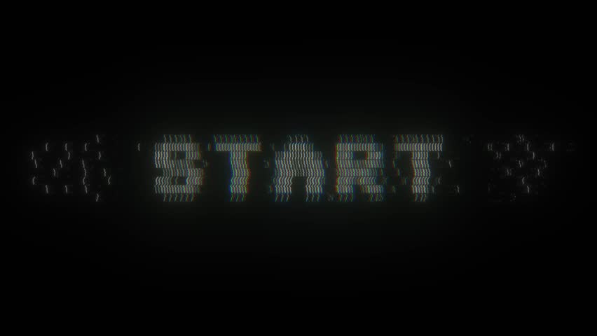 Start. 8-bit pixel text animation with dynamic glitch distortion effect. Loop – retro arcade intro, pixelated screen, VHS-style glitch, vintage gaming UI, distorted start message, video game
