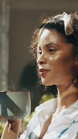 Relax, morning and woman with coffee in home for thinking, daydreaming and inspiration. Window, happy and African person smile with beverage, hot drink and tea in house for calm, peace and wellness