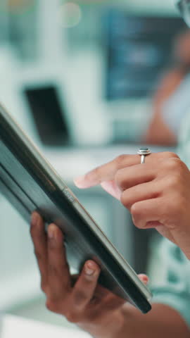 Hands, tablet and businesswoman in office for research, communication or contact with email. Digital technology, closeup and female corporate investor checking online stock or market information.