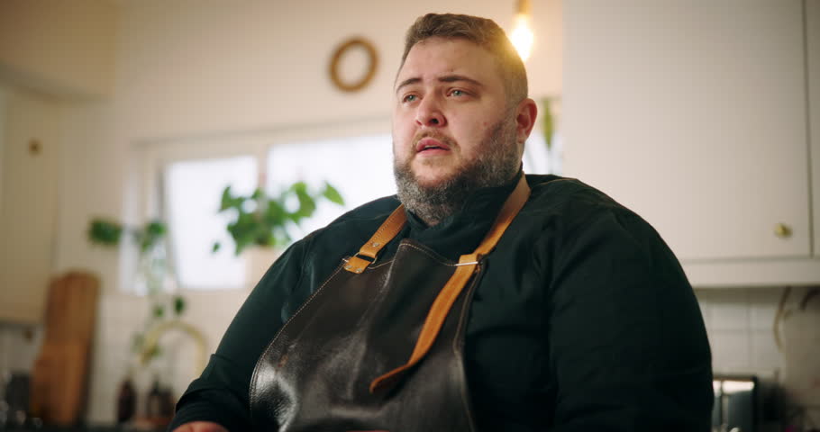 Sick man, chef and blowing nose with tissue for influenza, viral infection or virus at home. Male person, flu or cold with hayfever, sinus or allergy of illness for bacteria, germs or sneeze at house