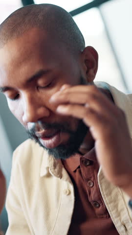 Business, headache and black man with stress, pain and overwhelmed with health crisis. African person, employee and consultant with migraine, anxiety and pressure with tension, strain and burnout
