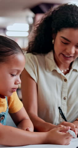 Writing, help and woman with girl, school and education with conversation, growth and creativity. Teacher, student and kid with book, knowledge and advice with child development, language and support