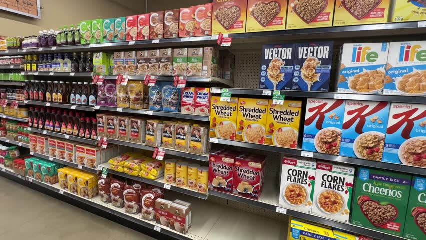 Various grocery store products displayed on shelves inside a retail environment. Captured for editorial use to document consumer goods, brand trends. April 17 2025, Alberta Canada 