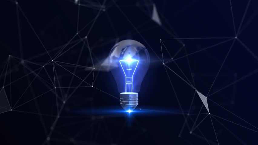 Electric light bulb bright polygonal connections on a dark blue background. Technology concept innovation artificial intelligence brainstorming business success.