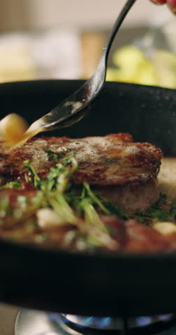 Recipe, hands and person with beef in frying pan for meal preparation, healthy dinner and sear meat cuisine in home. Closeup, chef and cooking steak with herbs for nutrition, protein food and lunch