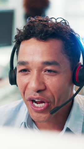 Call center, man and consultant with headset in office for online consultation with crm. Contact us, audio tech and professional customer experience agent with lead generation, support or helpdesk.