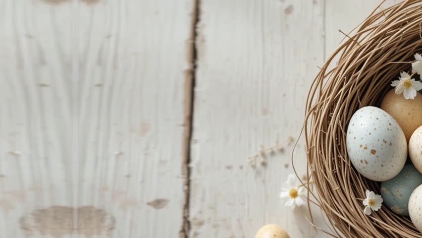 Footage of Easter eggs and a basket shaped like a bird