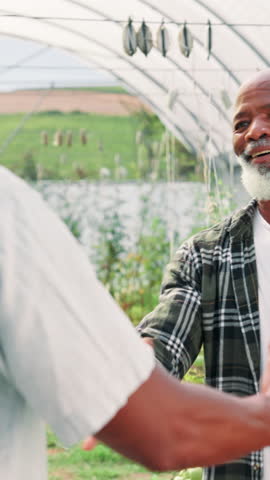 Senior man, family or handshake on farm for greeting, welcome or support. Black people, elderly father or hug son in greenhouse for care, reunion or appreciation for help with agriculture development