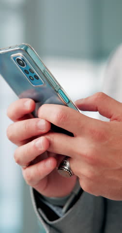 Hands, cellphone and businessman in office typing for email, communication or contact online. Technology, closeup and male attorney texting client on mobile app for legal report, proposal or case.