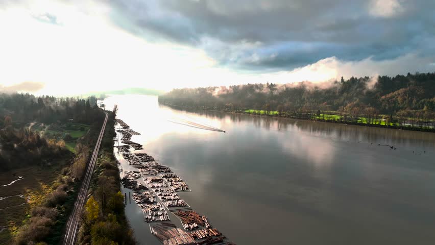 Aerial View of Log Boom on River with Tugboat and Train in British Columbia