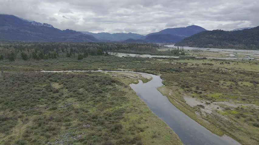 Aerial View of Serene River Flowing Through Lush Valley in British Columbia