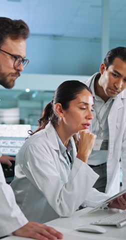 Collaboration, scientist and people with documents, lab and medical research with computer or discussion. Innovation, woman and teamwork with paperwork to identify genetic mutations, talking and tech