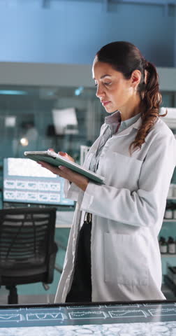 Research, face and happy woman in lab with tablet, science and pride for medical innovation. Mature scientist, laugh and tech in workplace for pharmaceutical development, forensic career and about us