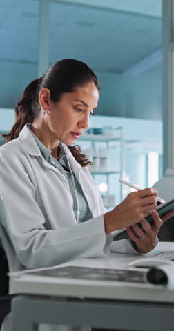 Tablet, scientist thinking and woman research for medical test, virus analysis or planning. Science, pen and digital technology in lab for problem solving, medicine development or idea for insight