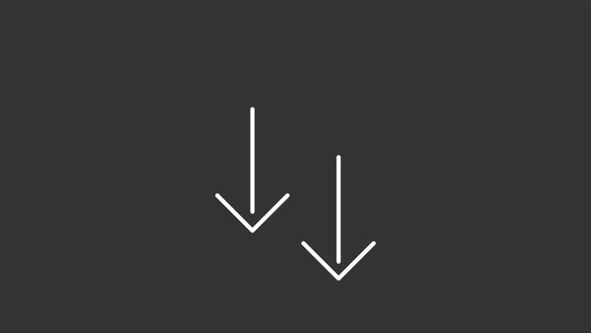 Down marker white line animation. Pointing downward arrows animated icon. Extending, moving. Navigation pointer, direction. Isolated element on dark background. Alpha transparent video