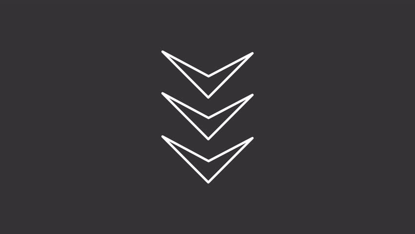 Down pointers white line animation. Navigation arrows animated icon. User interface navigation. Downward sign. Direction marker. Isolated element on dark background. Alpha transparent video