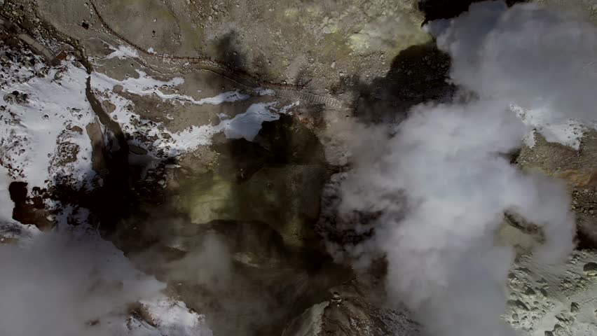 Aerial Descent Above Mt. Lo Geothermal Sulfuric Plumes In Kirishima, Kagoshima, Japan