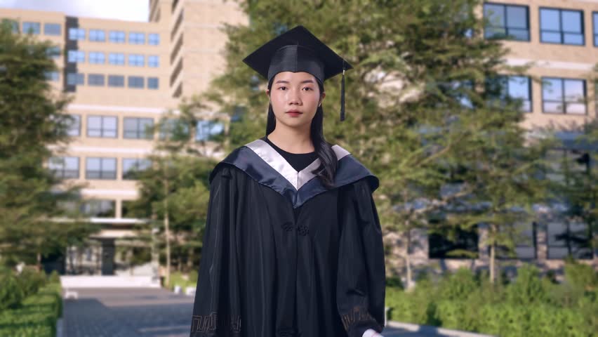 Smiling Asian Woman Student Graduates In Cap And Gown Holding Diploma And Pointing To Side In Front Of A Magnificent University Building