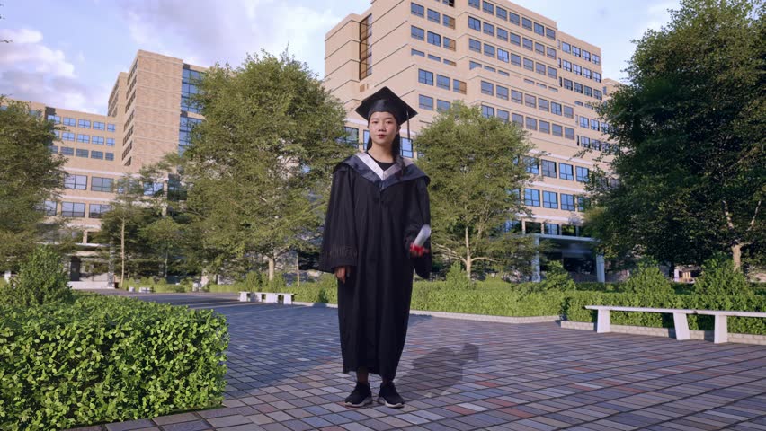 Full Body Of Smiling Asian Woman Student Graduates In Cap And Gown Holding Diploma And Pointing To Side In Front Of A Magnificent University Building