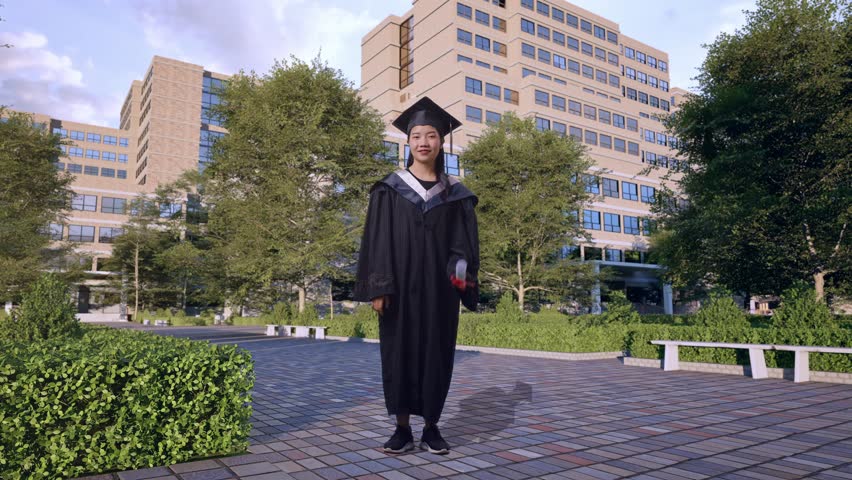 Full Body Of Smiling Asian Woman Student Graduates In Cap And Gown Holding Diploma And Pointing To Side In Front Of A Magnificent University Building