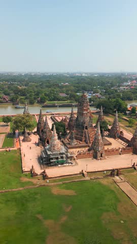 Aerial view of ancient temple ruins in Ayutthaya, Thailand, a UNESCO World Heritage Site showcasing historic architecture and cultural heritage from the Siamese Kingdom