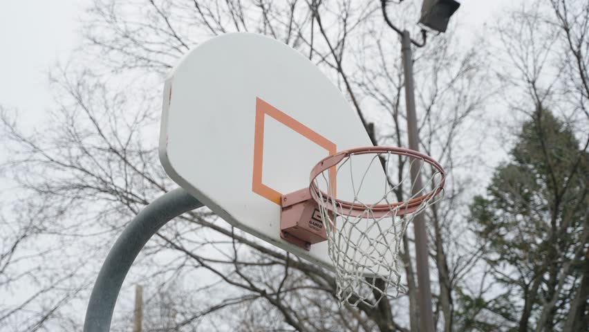 Missed Basketball Shot At The Net And Backboard In City Park. Slow Motion Shot
