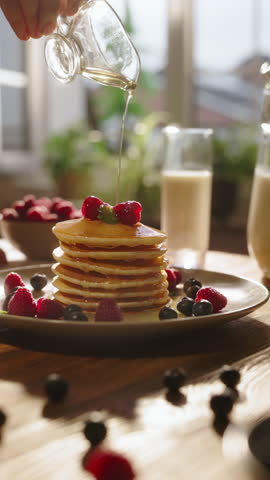 Unknown woman maple syrup drizzled perfectly arranged pancakes with raspberry over them, in slow motion. Cinematic vertical video. Yummy delicious gluten-free food options dessert cheat meal, recipes