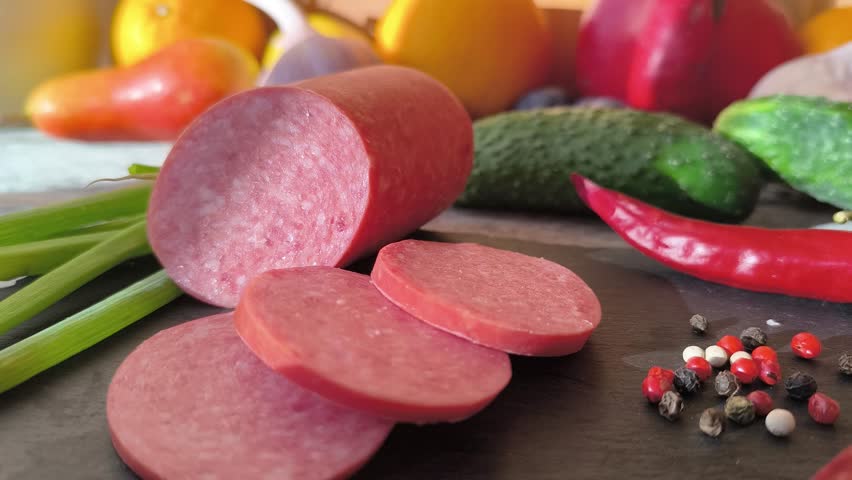 piece of sausage on a cutting board next to various vegetables