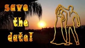 Save the date! Wedding invitation 10s 4k video art, beautiful sunset with palm trees, liquid golden text and couple appearing, perfect for messaging texting email, for family and friends, colleagues! - Powered by Shutterstock - Get 15% off with code: PIKWIZARD15