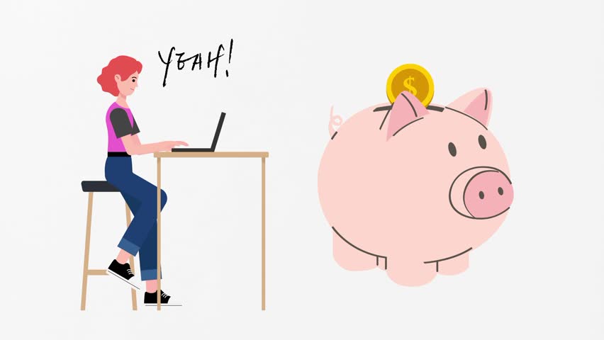 female work on desk making US dollar money savings piggy bank online on internet using computer, laptop, technology. Vector animation, motion graphic video footage, isolated white background - Powered by Shutterstock - Get 15% off with code: PIKWIZARD15