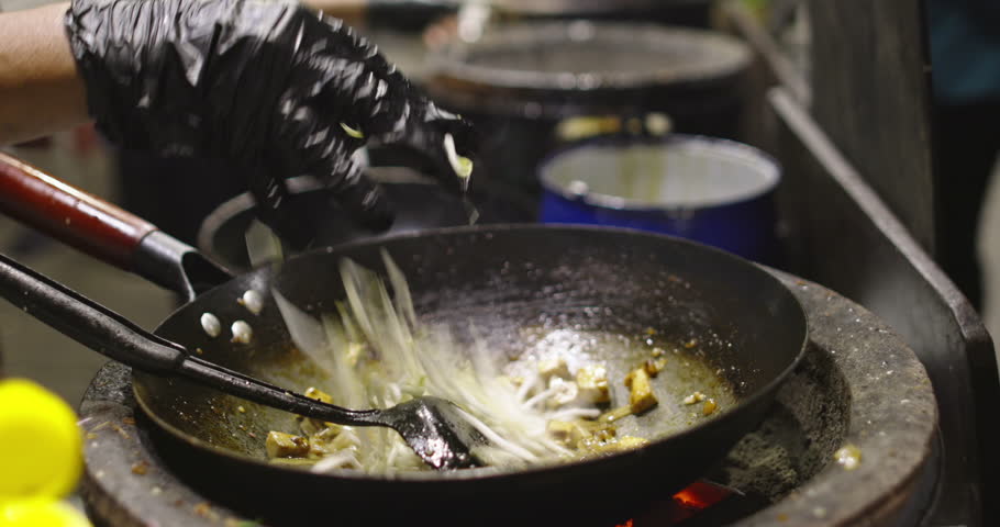 Fresh Bean Sprouts Stir Fried for Pad Thai in Wok Thai Market Cooking