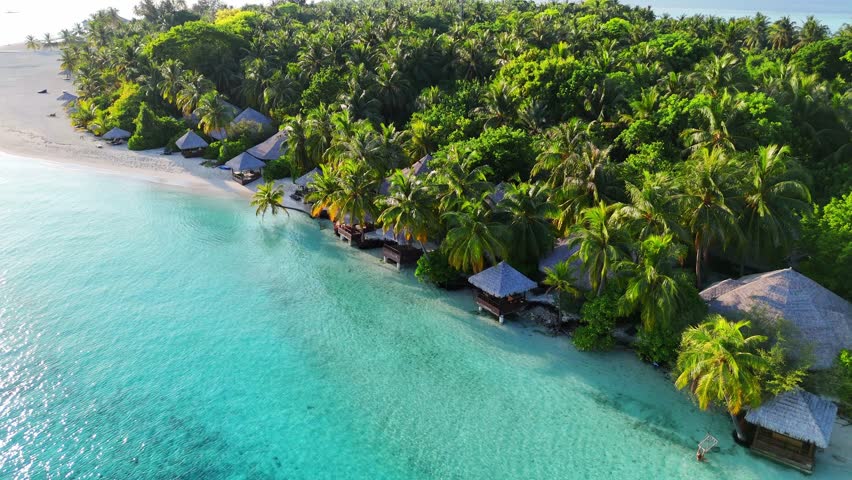 Aerial view zoom out of tropical Maldives island with wooden pier surrounded by turquoise sea, bright daylight and lush greenery, summer escape, travel agency, hotel resort