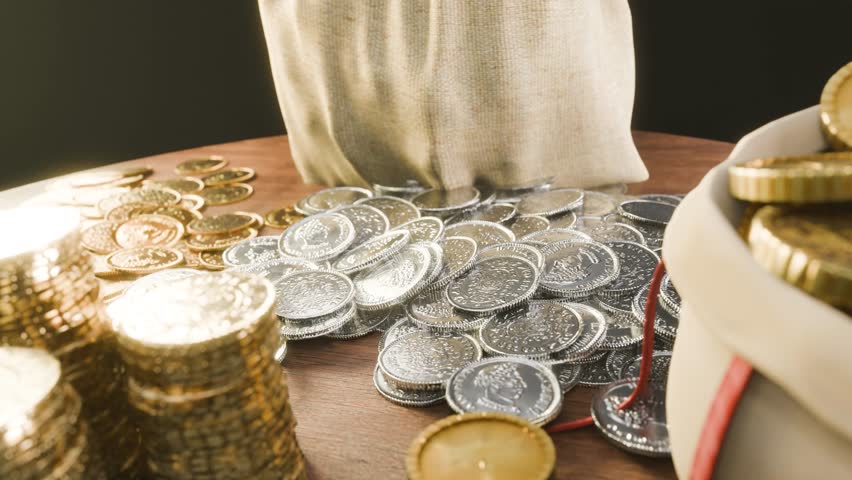 3D animation showing a table full of gold and silver coins
