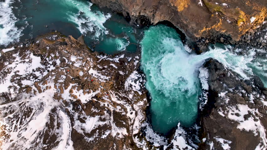 Top down drone shot above the Aldeyjarfoss waterfall, spring evening in Iceland