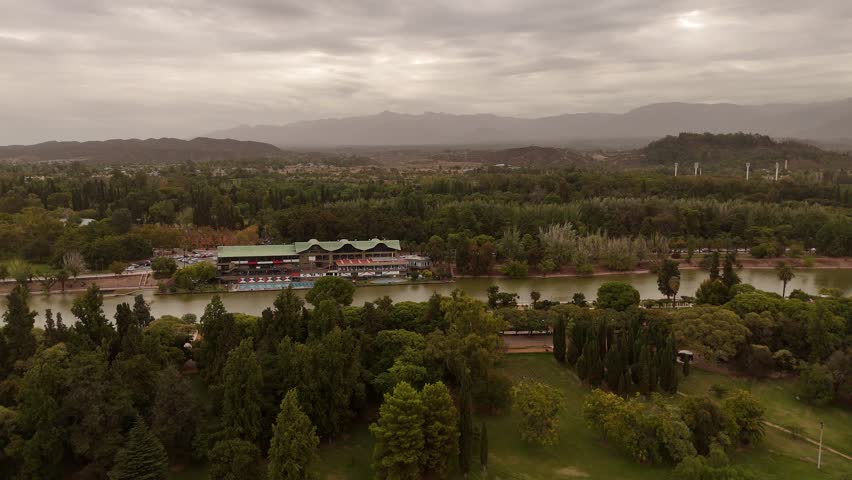 Club Mendoza de Regatas, regatta club, Parque General San Martin, Mendoza in Argentina. Aerial drone panoramic view
