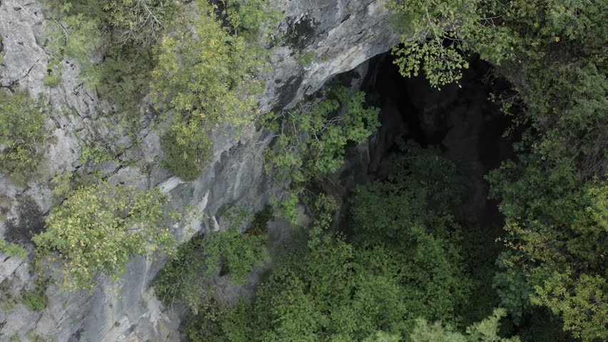 View of Zugarramurdi caves in Spain. Aerial top-down ascending