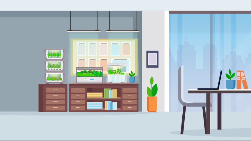 Flat design animation showcasing a modern office space being built element by element, emphasizing natural light, indoor plants, and a clean aesthetic.