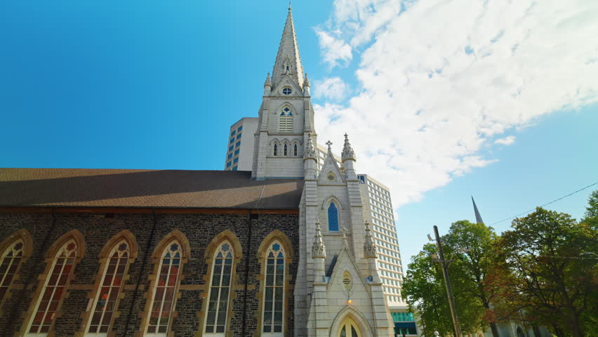 Panoramic view of the facade of Saint Mary0s Cathedral in Halifax, Nova Scotia, Canada.