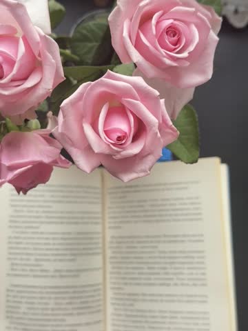 A beautiful shot of pink roses gently placed beside an open book, with pages being turned. 