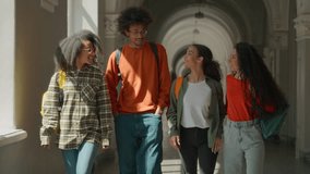 Group of happy diversity students walking in university corridor talking smiling four friends walk in high school hall discuss African American man guy with Arabian Hispanic women girls go to class - Powered by Shutterstock - Get 15% off with code: PIKWIZARD15