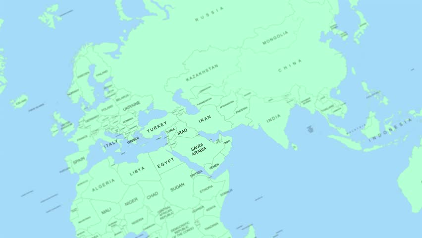 Iran on world map animated, slow movement, 4K.
