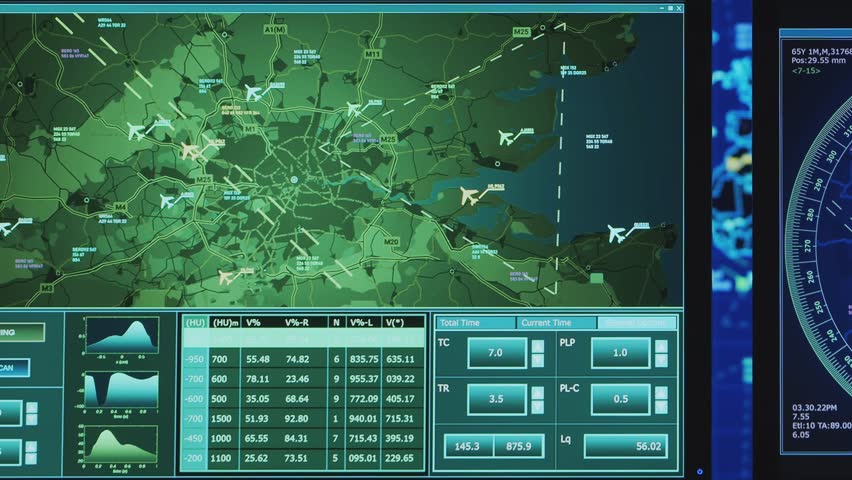 Professional air traffic controller in the control tower. Aircraft control officer works using radar, computer navigation and digital maps. Close-up portrait.