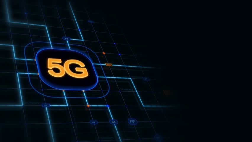Orange 3d 5G in a rounded rectangle with glowing circuit and blue grid at the left of a dark background, horizontal composition. Loop animation footage for graphic design. - Powered by Shutterstock - Get 15% off with code: PIKWIZARD15
